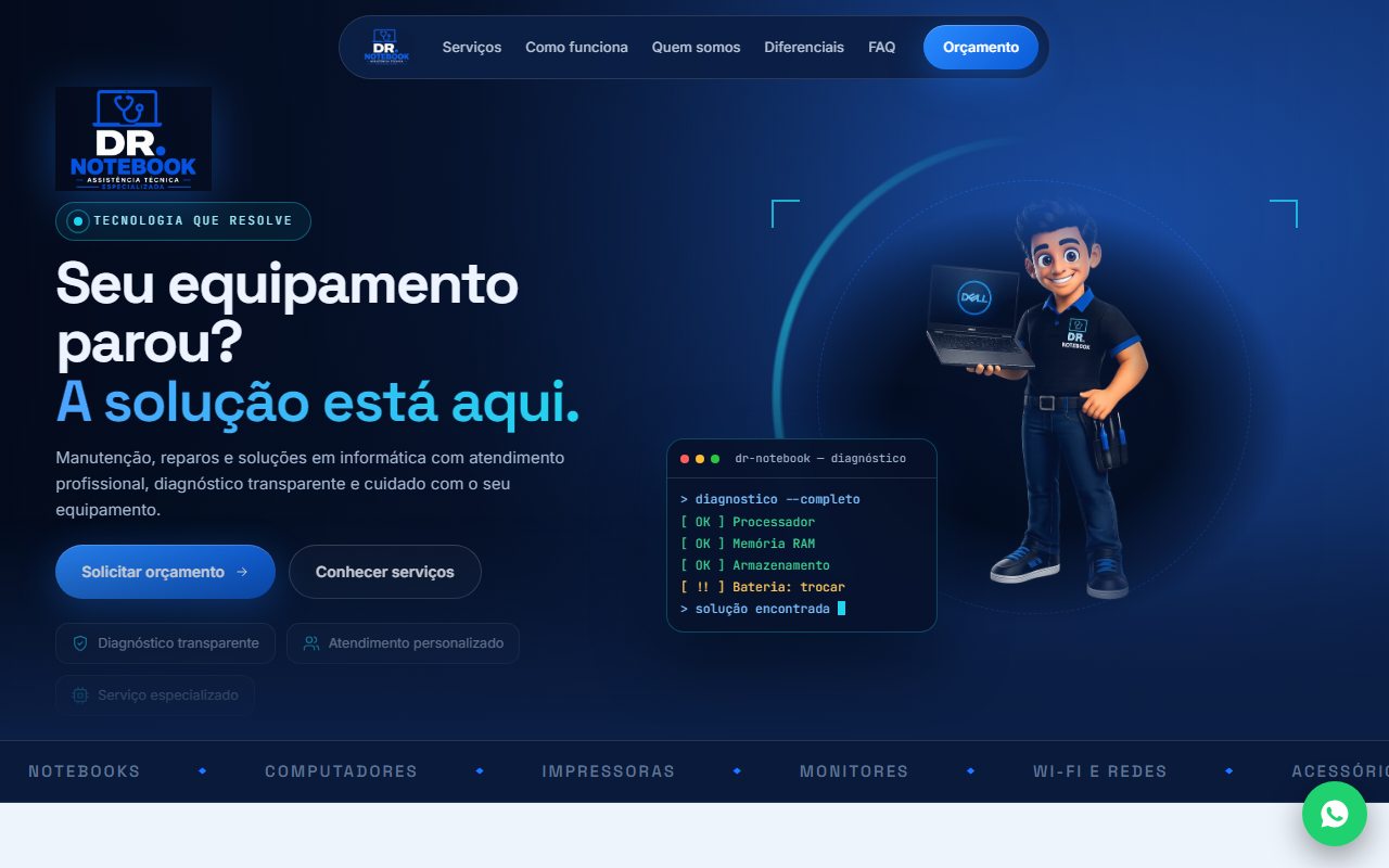 Página inicial do site da DR.Notebook, assistência técnica em Volta Redonda